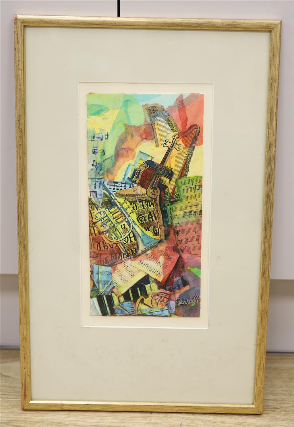 Daphne Casdagli, R.E. , A.R.C.A., watercolour, ink and collage, Words and Music II 1992, signed, label verso, 29 x 14cm